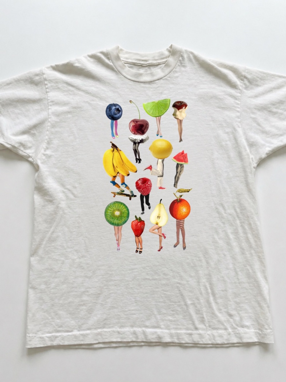 White Graphic Tee with Colorful Fruit Figures